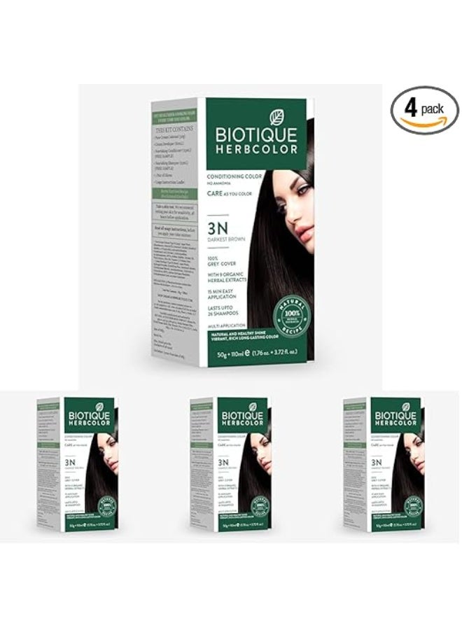 Biotique Herbcolor Conditioning Hair Colour l Ammonia Free Hair Color l 9 Organic Herbal Extracts l Natural and Healthy Shine l 50g + 110ml| Darkest Brown 3N (Pack of 4) - Image 1